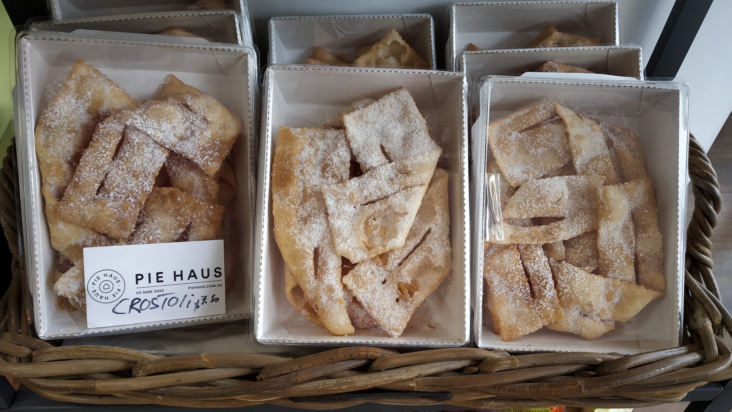 Boxes of crostoli with the Pie Haus label