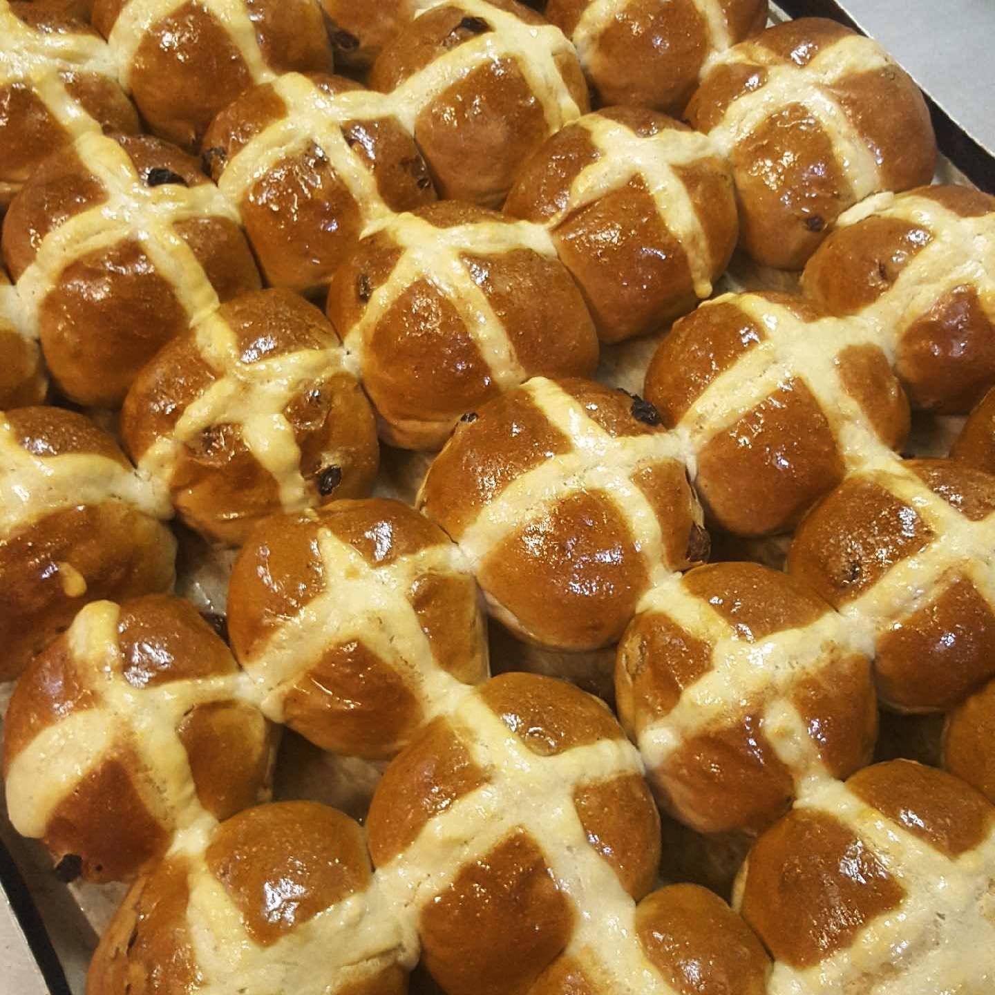 A tray of hot cross buns at Easter